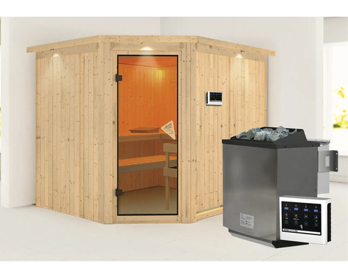 Ecksauna mit Glastür, Steuergerät und Saunaofen mit Saunasteinen