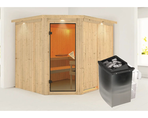 Sauna en bois avec porte en verre et poêle de sauna