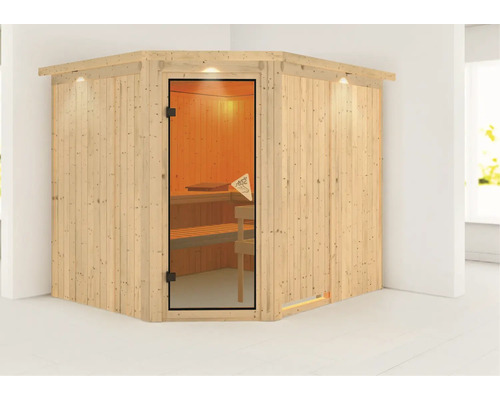 Sauna d''angle avec porte en verre et revêtement en bois