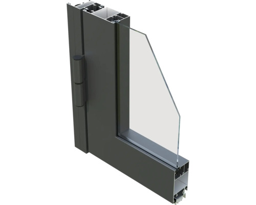 Vue en coupe d''un cadre de fenêtre en aluminium avec remplissage en verre et charnières