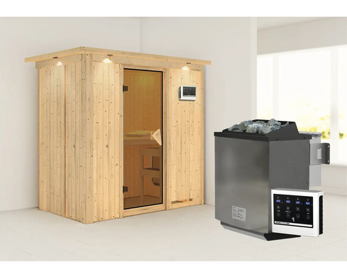 Elementsauna Karibu Mariado inkl. 9 kW Bio Ofen u.ext.Steuerung mit Dachkranz und bronzierter Ganzglastür Sauna mit Saunaofen und Steuerungseinheit