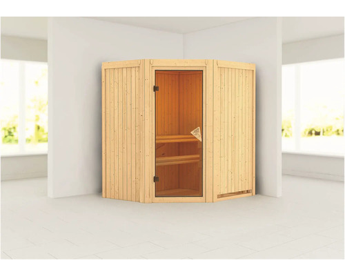Sauna d''angle avec porte en verre et revêtement en bois