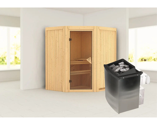 Coin sauna avec poêle de sauna et pierres de sauna