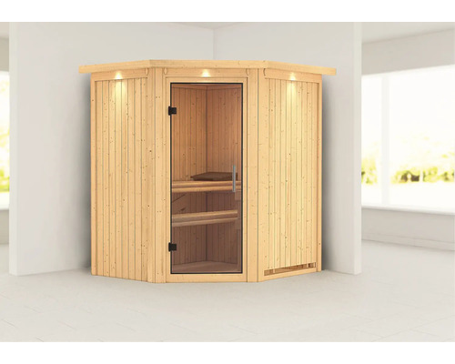 Sauna d''angle avec porte en verre et revêtement en bois pour l''intérieur