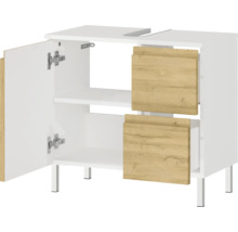 Meuble sous-lavabo avec deux tiroirs et une porte ouverte