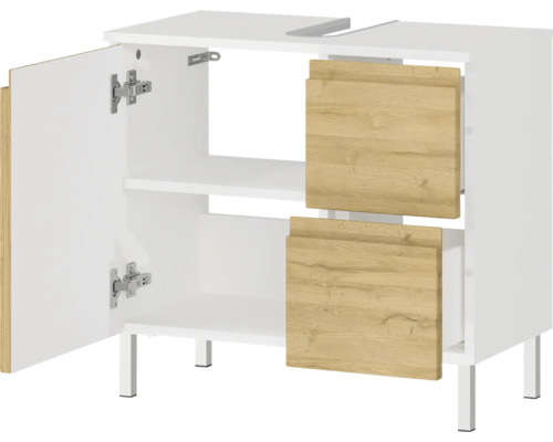 Meuble sous-lavabo avec deux tiroirs et une porte ouverte