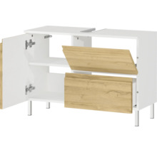 Meuble sous-vasque avec une porte ouverte et deux tiroirs