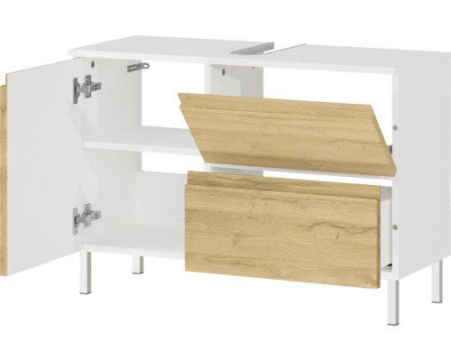 Meuble sous-vasque avec une porte ouverte et deux tiroirs