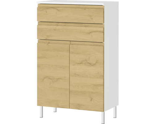 Armoire avec deux tiroirs, deux portes et des pieds