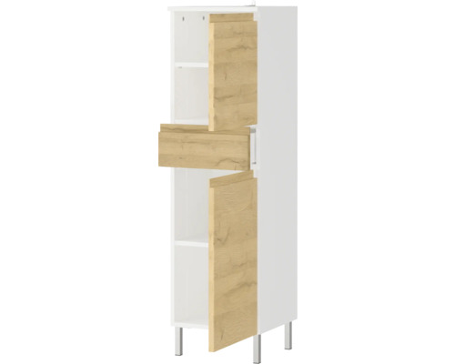 Armoire haute de salle de bain avec étagères et façades en bois