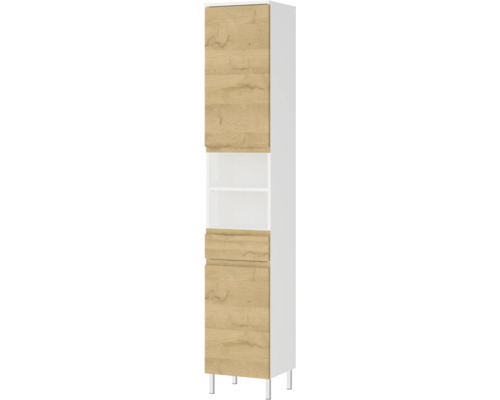 Armoire haute avec deux portes, un compartiment ouvert et des pieds