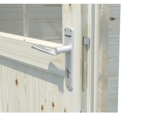 Vue détaillée d''une porte en bois avec poignée et serrure argentées