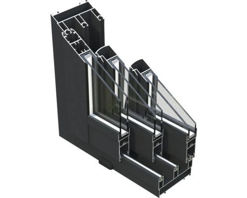 Section transversale d''une fenêtre en aluminium avec triple vitrage