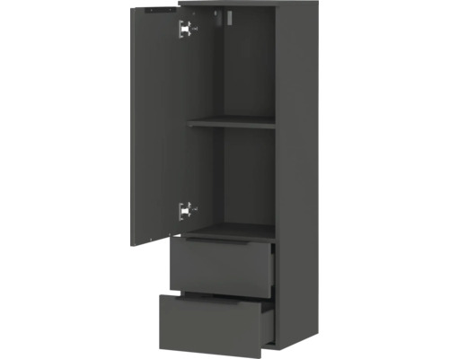 Armoire de salle de bains étroite avec porte ouverte, étagères et tiroirs pour le rangement de la salle de bains.