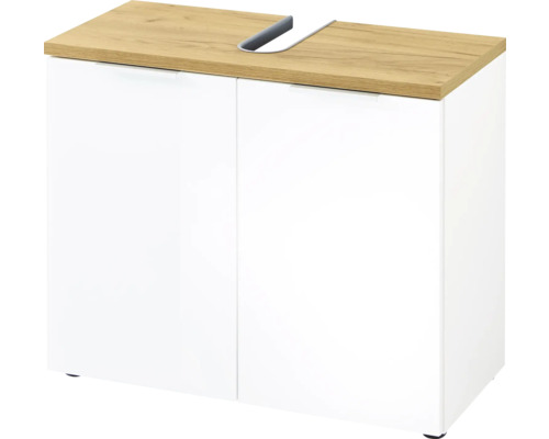 Meuble sous-lavabo avec deux portes et plan de travail en bois
