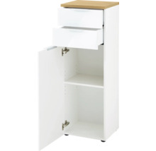 Badezimmerschrank mit zwei Schubladen, einem Fach und einer offenen Tür