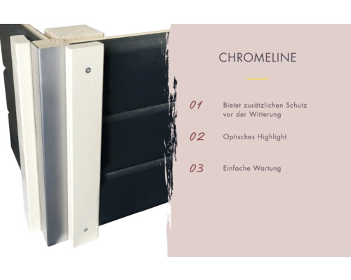Nahaufnahme eines Zaunelements der Chromeline Serie, das zusätzlichen Schutz vor Witterungseinflüssen bietet, optisch ansprechend ist und einfache Wartung ermöglicht.