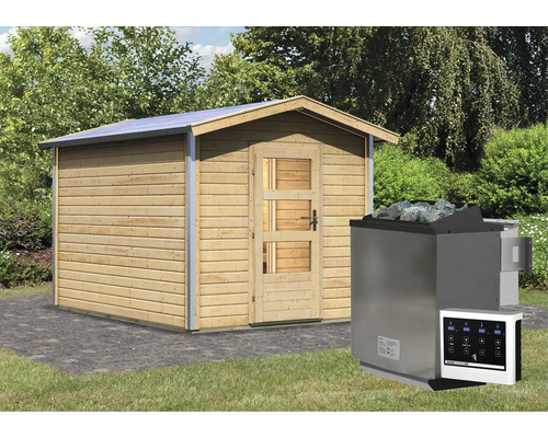 Sauna extérieure en bois avec poêle et commande