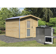 Sauna en bois avec poêle et commande dans le jardin