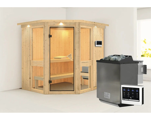 Sauna d''angle avec poêle de sauna et commande