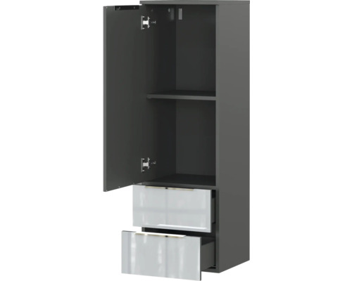 Armoire haute avec étagère et deux tiroirs ouverts