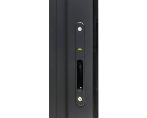 Vue détaillée d''une porte coulissante avec creux de poignée, niveau à bulle et trous de serrure