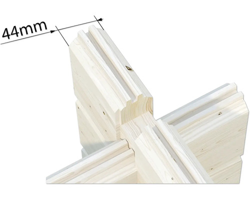 Detailaufnahme eines 44-Millimeter-Blockbohlenhauses.