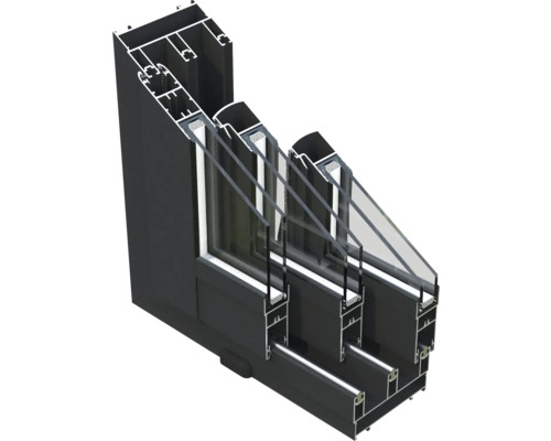 Schnittansicht eines schwarzen Aluminiumfensters mit Dreifachverglasung