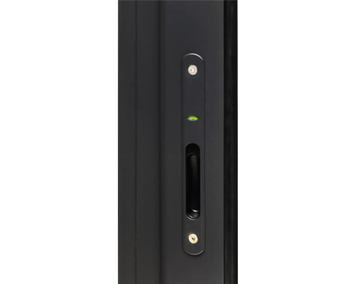 Vue détaillée d''une poignée de porte coulissante avec niveau à bulle intégré.