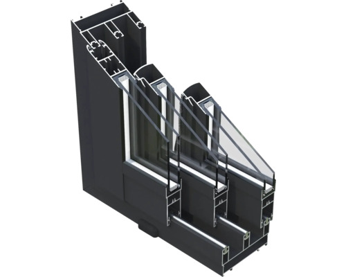 Coupe transversale d''une structure de fenêtre en aluminium noir avec triple vitrage