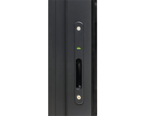 Vue détaillée d''une poignée de porte noire avec serrure et niveau à bulle