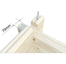 Vue détaillée d''un coin d''une maison en bois massif avec indication de dimension 70 mm et boulon