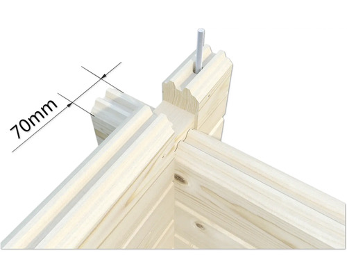 Vue détaillée d''un coin d''une maison en bois massif avec indication de dimension 70 mm et boulon