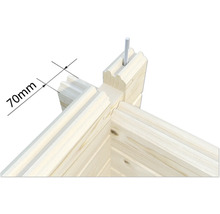 Detailaufnahme einer Eckverbindung aus Holz mit einer Massangabe von 70 mm.