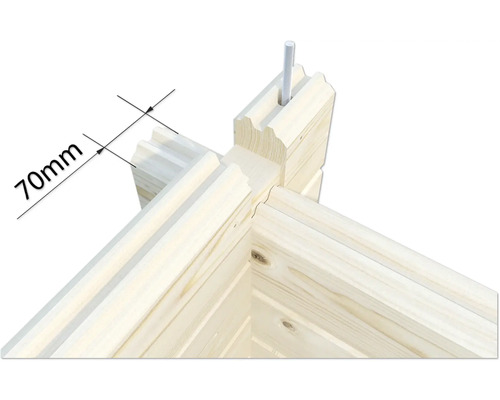 Vue détaillée d''un coin de chalet en bois avec indication de dimension 70 millimètres