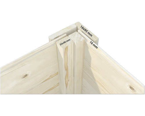 Gros plan d''un angle en bois avec des dimensions de 16x95 mm, 32x40 mm et 16 mm.