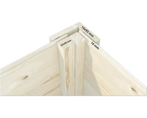 Assemblage d''angle en bois avec des dimensions de 16 x 95 millimètres et 32 x 40 millimètres