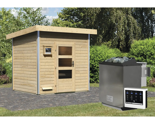Sauna extérieure avec poêle de sauna et commande de sauna dans le jardin