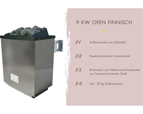 Finnischer 9 Kilowatt Saunaofen mit Edelstahlmantel und Diabassteinen