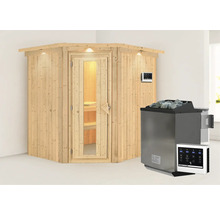 Sauna avec murs en bois, porte en verre, poêle de sauna et unité de commande