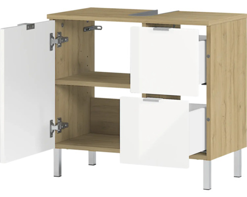 Meuble sous-lavabo avec porte, deux tiroirs et étagères