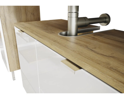 Meuble sous-lavabo avec plaque en bois et robinet
