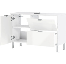 Meuble sous-lavabo avec porte ouverte et deux abattants