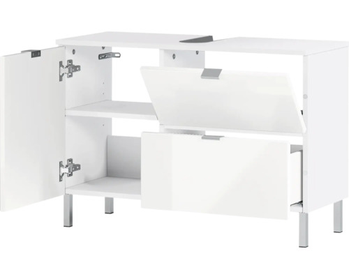 Meuble sous-lavabo avec porte ouverte et deux abattants