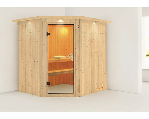 Sauna en bois avec porte en verre et éclairage intérieur