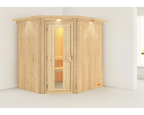 Sauna d''angle en bois avec porte vitrée et éclairage intérieur
