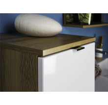 Detailaufnahme eines Badezimmerschranks mit Holzelementen und einem weißen Behälter.