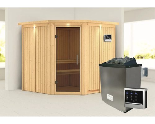 Ecksauna aus Holz mit Saunaofen und Steuerung
