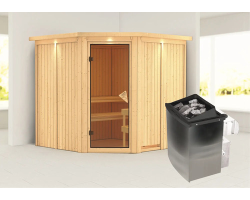 Ecksauna aus Holz mit Saunaofen und Saunasteinen