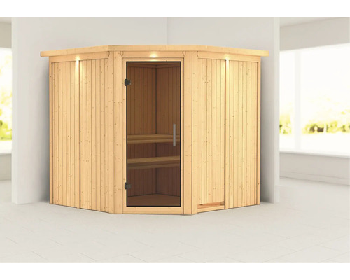 Sauna d''angle en bois avec porte en verre et éclairage intérieur dans une salle de bain.